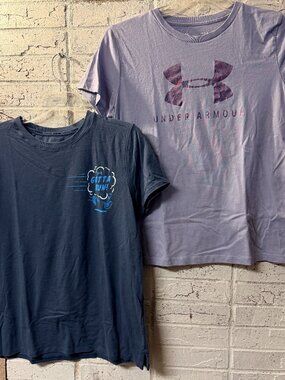 Under Armour Graphic Tee Lot 2 Purple Logo & Blue “Gotta Run” Shirts